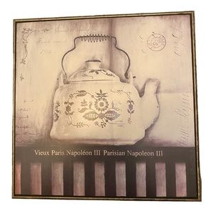 Wall Art of vintage Tea Pot. 12” tall x 12” wide x 2” deep antiqued sides.